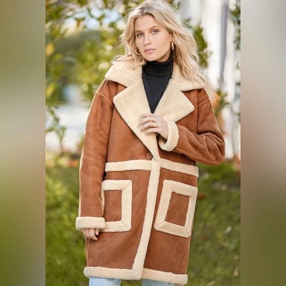 Blank NYC Feels Natural Tan Faux Fur Coat Sherpa Lined - Picture 3 of 9